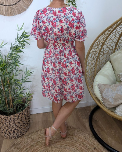 Robe femme blanche fleurs fuchsia bleu mauves Eïra