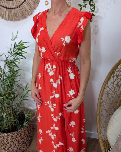 Robe longue femme rouge broderies fleuries beiges