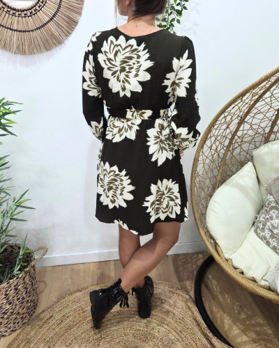 Robe femme kaki fleurs écrues Ophéa