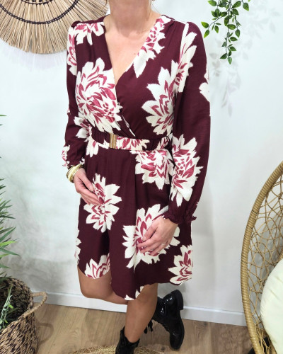 Robe femme bordeaux fleurs écrues Ophéa