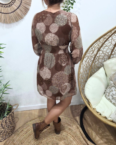 Robe femme marron fleurs kaki et taupes Lounaé