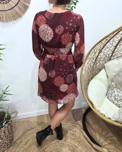 Robe femme bordeaux fleurs terracotta beiges et dorures Lounaé