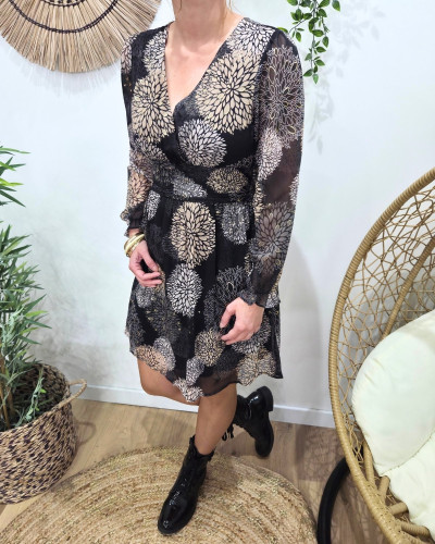 Robe femme noire fleurs taupes beiges et dorures Lounaé