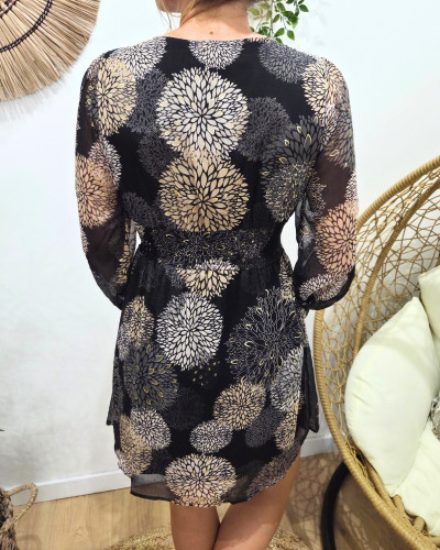 Robe femme noire fleurs taupes beiges et dorures Lounaé