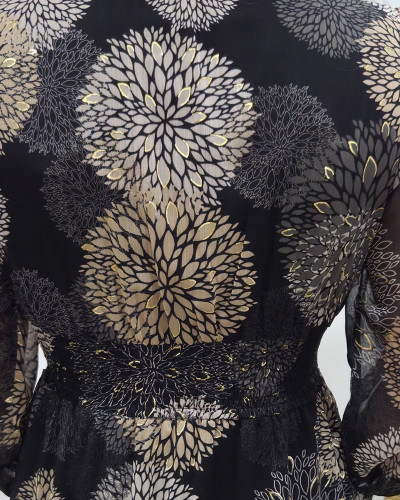 Robe femme noire fleurs taupes beiges et dorures Lounaé