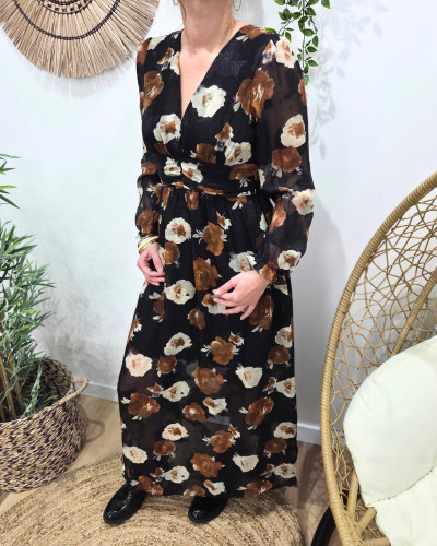 Robe longue femme noire fleurs camels et beiges Valéria