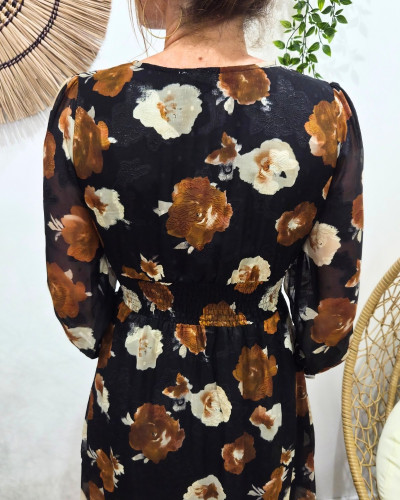 Robe longue femme noire fleurs camels et beiges Valéria