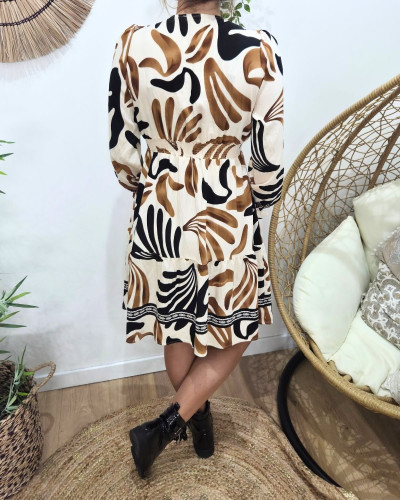 Robe femme fluide beige motifs camels et noirs Josephina