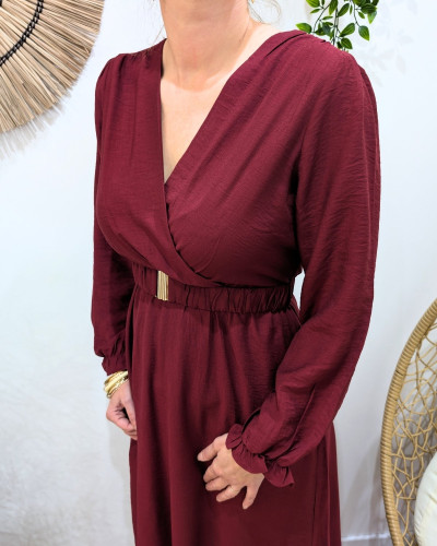 Robe longue femme unie rouge bordeaux manches longues Izia