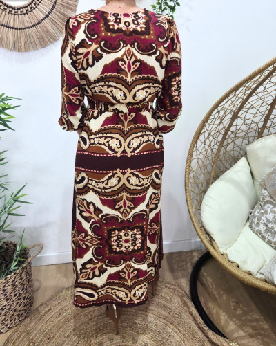 Robe longue femme bordeaux motifs prunes camels et beiges Malia