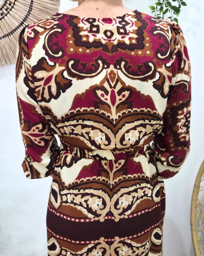 Robe longue femme bordeaux motifs prunes camels et beiges Malia