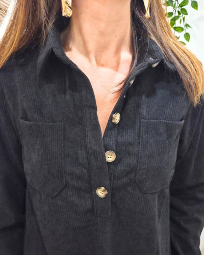 Robe chemise noire velours côtelé femme Aelys