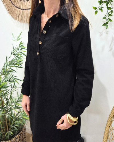 Robe chemise noire velours côtelé femme Aelys