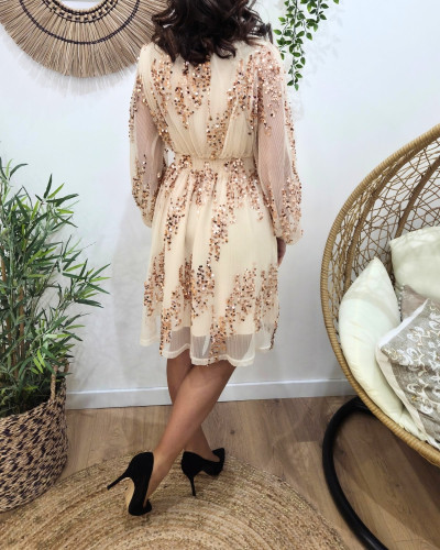 Robe femme beige à sequins cuivrés Holly