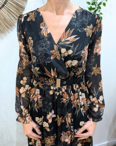 Robe longue femme noire fleurs terracotta et dorures Clara