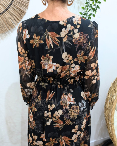 Robe longue femme noire fleurs terracotta et dorures Clara