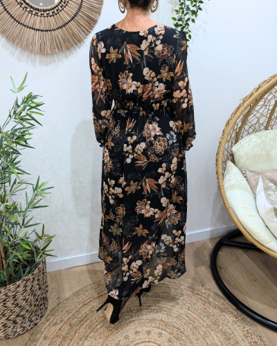 Robe longue femme noire fleurs terracotta et dorures Clara