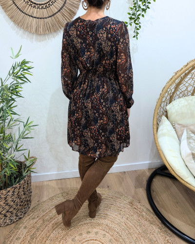 Robe femme noire motifs terracotta et dorures Natalia