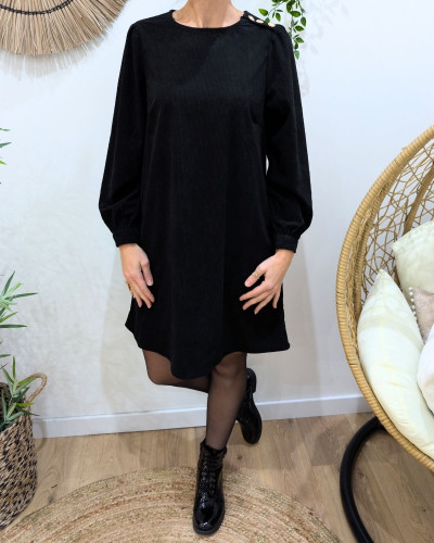 Robe femme noire velours côtelé boutons dorés épaule