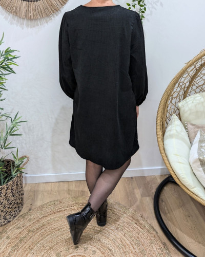 Robe femme noire velours côtelé boutons dorés épaule