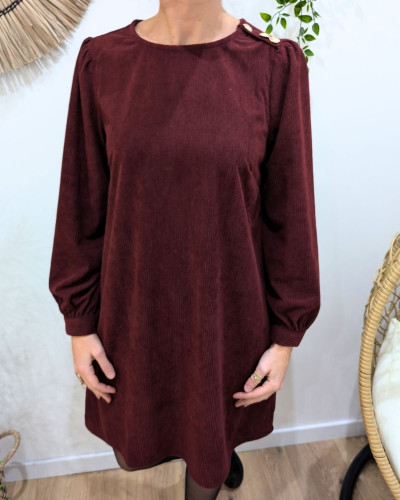 Robe femme rouge bordeaux velours côtelé boutons dorés épaule