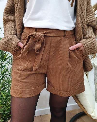 Short velour côtelé ceinture nouée taupe foncé