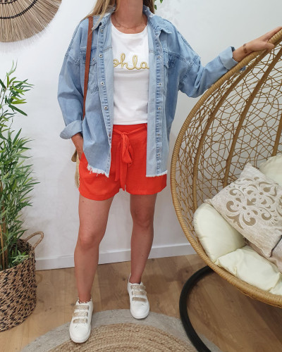 Short femme fluide satiné orange