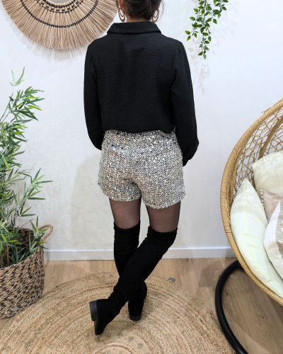 Short femme tweed noir et blanc sequins argent