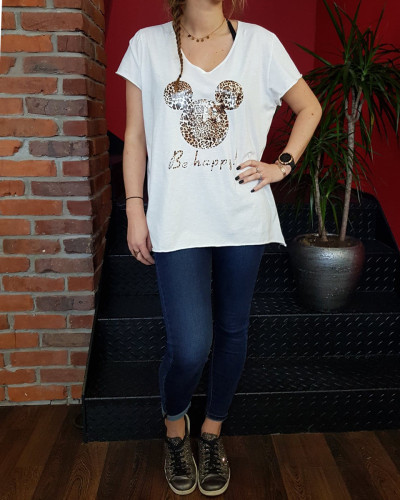 T-Shirt oversize blanc Mickey léopard Be Happy