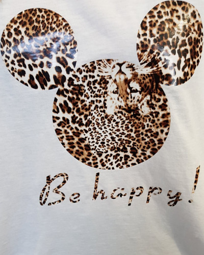 T-Shirt oversize blanc Mickey léopard Be Happy