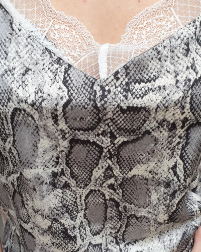 Top python à bretelles gris noir dentelle blanche