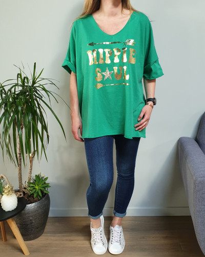 T-Shirt oversize vert Hippie Soul doré