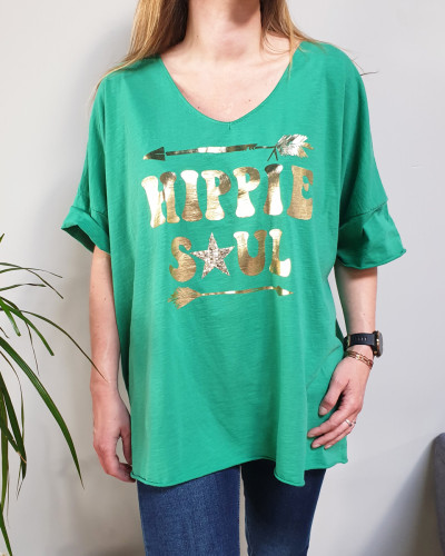 T-Shirt oversize vert Hippie Soul doré