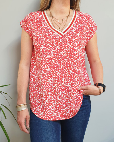 Blouse grande taille rouge fleurs liberty blanches