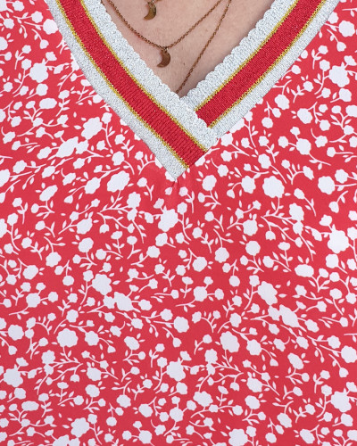 Blouse grande taille rouge fleurs liberty blanches