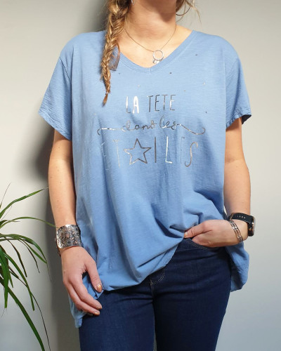 T-Shirt oversize bleu indigo la tête dans les étoiles