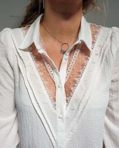 Chemisier blanc col transparence pois et dentelle