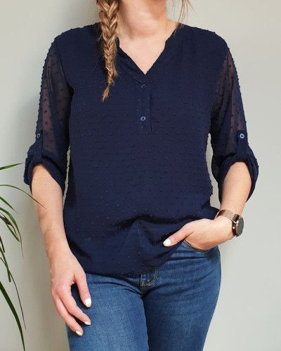 Blouse bleue marine plumetis manches longues