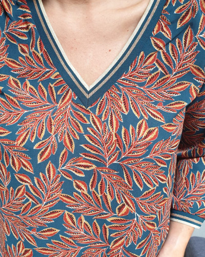 Blouse bleu canard feuillages brique col et poignets rayés