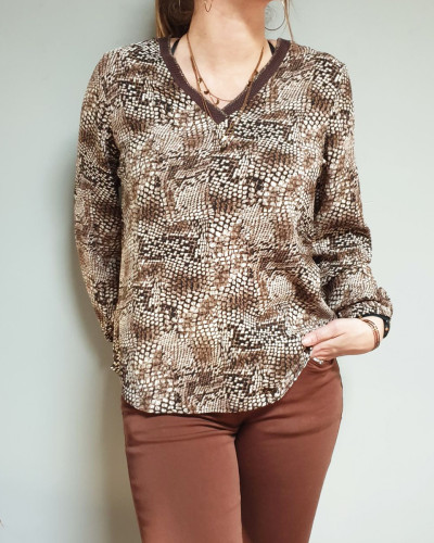 Blouse imprim python marron col V paillet 15084