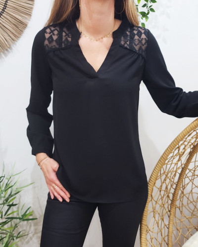 Blouse femme épaules et dos ajourés ethnique noire