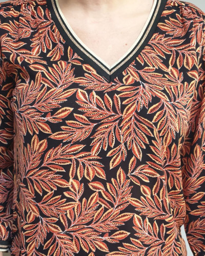 Blouse noire feuillages rouilles col et poignets rayés