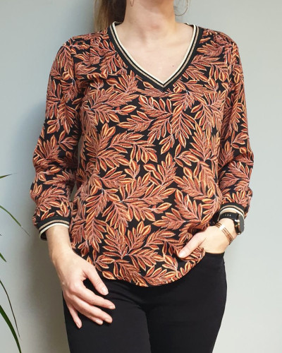 Blouse noire feuillages rouilles col et poignets rayés