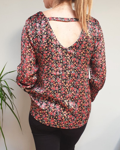 Blouse noire petites fleurs liberty rouges et jaunes