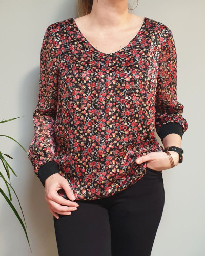 Blouse noire petites fleurs liberty rouges et jaunes