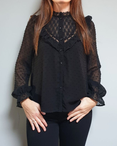 Chemisier noir plumetis col transparence et broderies 15259