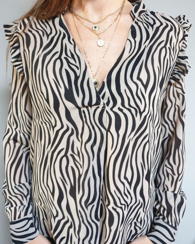 Chemise zébrée noire et beige à volants