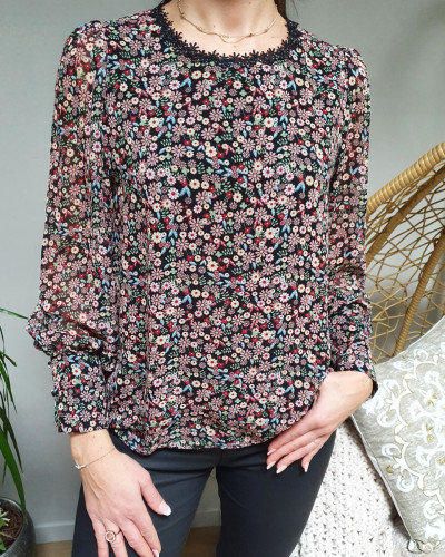 Blouse fleurie liberty multicolore col rond broderies noires