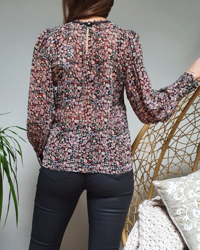 Blouse fleurie liberty multicolore col rond broderies noires