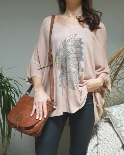 T-Shirt vieux rose coiffe indienne grise et dorée